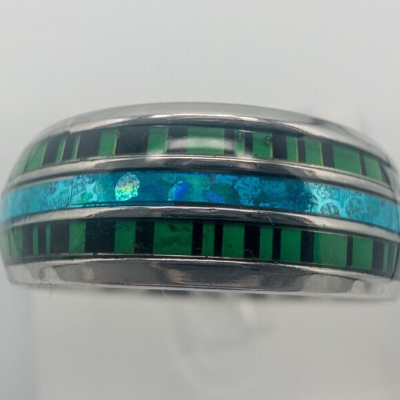 Stainless Steel Ring with Green and Blue Inlay - Picture 10 of 17